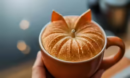 someone is holding a cup of coffee decorated with an animal
