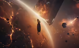 two astronauts are seen in space with earth and light behind them
