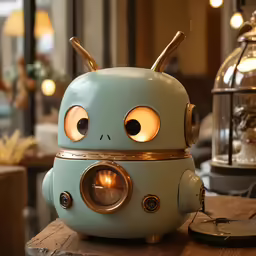 a little robot alarm clock sitting on top of a table