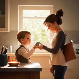 a woman giving a little boy a piece of chocolate
