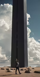 the person is walking in front of a big tall structure