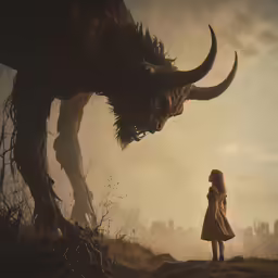 a girl looking at a horned animal, that looks like a monster