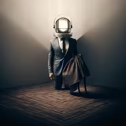 the man has been dressed in a suit and helmet