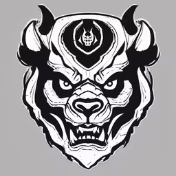 an old style black and white drawing of a demon head,the head of an animal with horns and fangs
