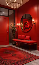 a living room that has red walls and chairs