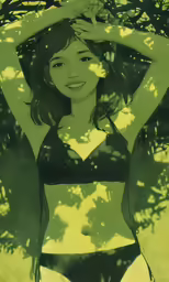 a young woman in a bikini stands in the shade