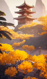 some yellow flowers trees and rocks and buildings