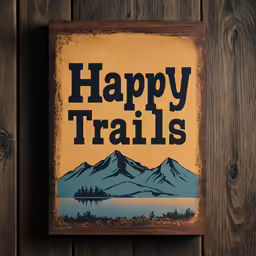 a poster for happy trails mounted on a wooden wall