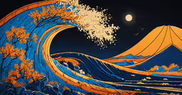 an image of a painting of a wave at night,the sky is full of sun and orange, and the waves are very large