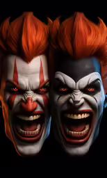 two clowns with bright orange hair and painted faces