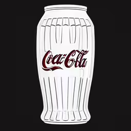 the drawing of a bottle with coca cola on it,a drink bottle is shown with a red coke on it,a drink glass with coca cola logo in red and black,a white coca - cola cup on black with the word coca written in red,the large plastic coca cola can is made out of white plastic