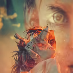 a close up of a man holding something with one hand