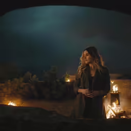 a woman standing next to a lit fire in a building
