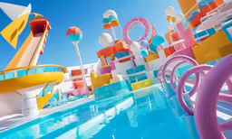 a pool next to a colorful building with lots of water