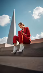 a woman in red and white outfit is sitting on steps