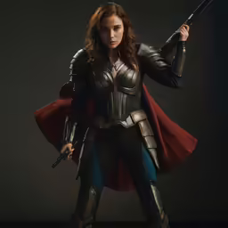 a woman dressed as a female superhero holding two swords