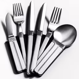 five silverware, forks and knives sit next to each other