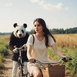 a girl riding a bike past a panda bear