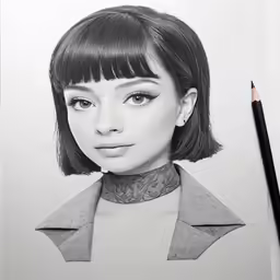 a pencil drawing of a woman with a collared shirt and fringes