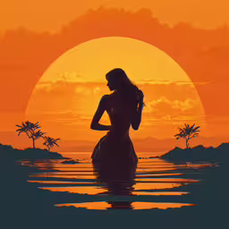 a woman in a white dress is in the water with a sunset in the background,a beautiful woman sitting on top of a lake in front of a sunset