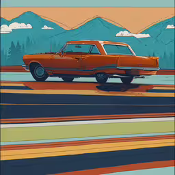 a drawing of an orange car with mountains in the background,a painting of an orange car in front of mountains