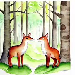 two foxes in the woods making their faces to each other,two foxes are in the woods, one is facing each other,two red foxes standing next to each other in the forest,a drawing of two fox in the forest by itself,two deers are in a forest, facing each other