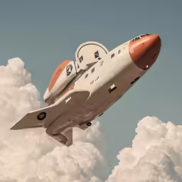 an orange and white military airplane flying through the clouds