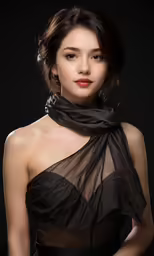 a beautiful young lady in black clothing with a scarf around her neck