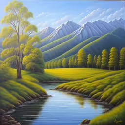 there is a painting with trees and water on the wall,a painting of the river and mountain scenery