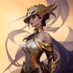 a woman in armor and a hat standing next to an abstract background