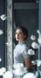 a woman in a white dress is standing near a table