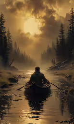 the person is on the boat and traveling in the water
