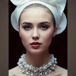 a woman wearing a white satin bow and pearl necklace