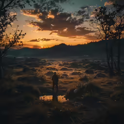 a person in the dark walking through the marsh at sunset