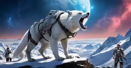 two people in full gear and a dog on a snowy surface