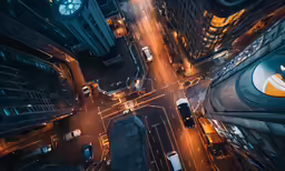 an aerial view looking down at the city