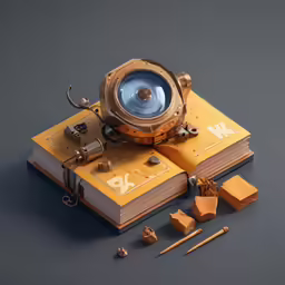 a yellow machine with speakers sits on top of a book