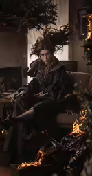 a girl with dark hair sits on a brown chair with fire coming from her hands