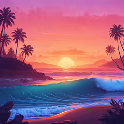 a painting of an ocean beach at sunset,a painting of an ocean and mountains at sunset