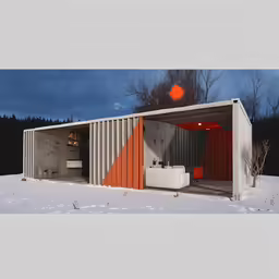 two shipping containers with windows in the snow