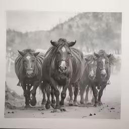 some very pretty horses walking on a snowy day