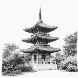 a pagoda surrounded by trees and bushes