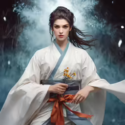 a woman in oriental garb holding a vase