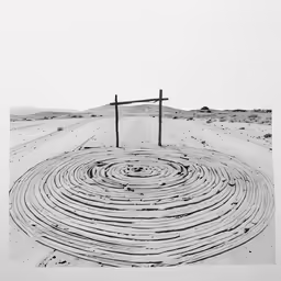a black and white photo of an artistic circle made with a gate