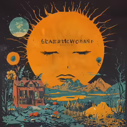 an orange poster of a house surrounded by mountains