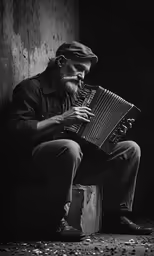 a man sits down playing an accordion