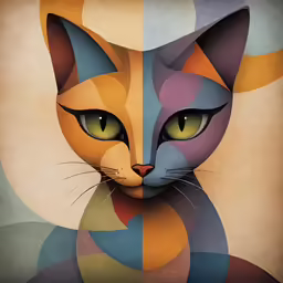 a painting with various colored cats in the middle