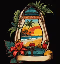 a poster of a suitcase with palm trees and flowers on it,a drawing of some tropical items with the ocean and sunset behind