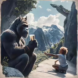 the girl kneeling down on the ground next to a gorilla