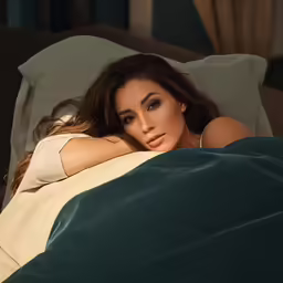 the woman lies in bed with her arm around her back